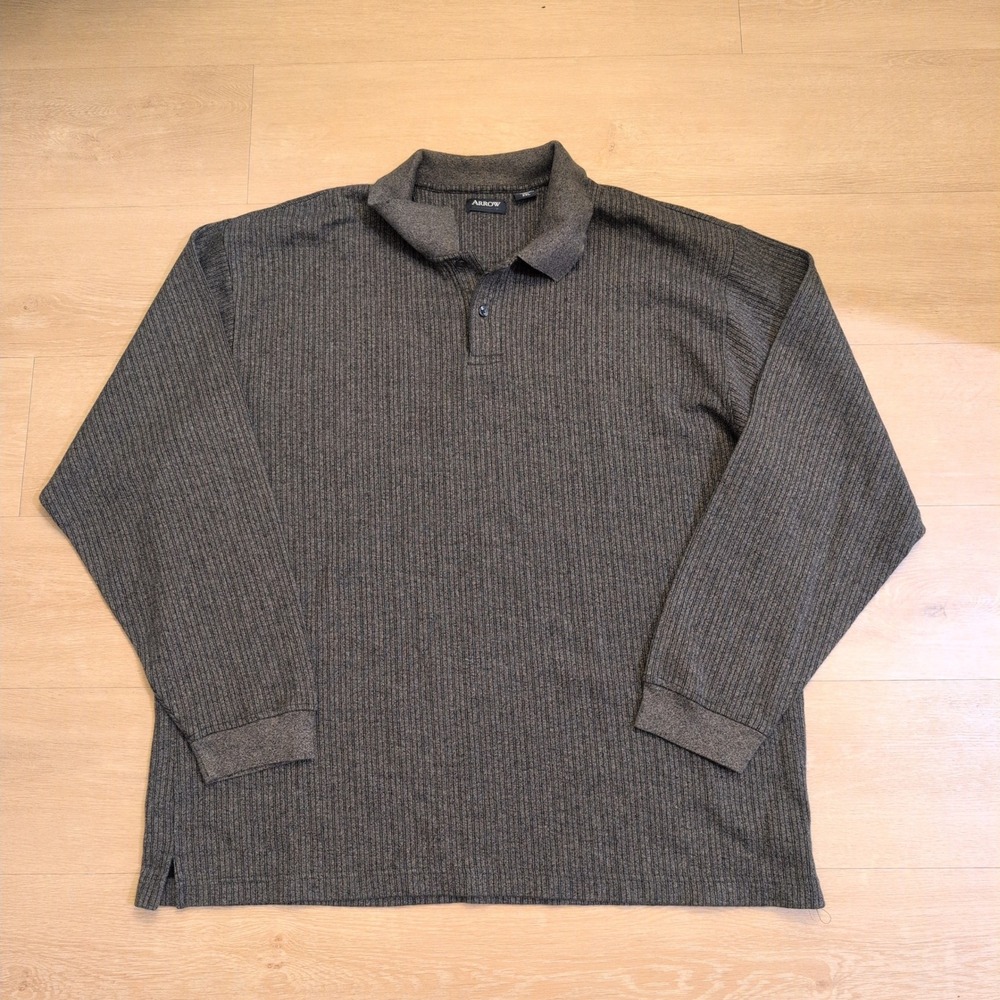 VTG Arrow Mens XXL Long Sleeve Polo Shirt Charcoal Gray Ribbed Knit Cotton Blend